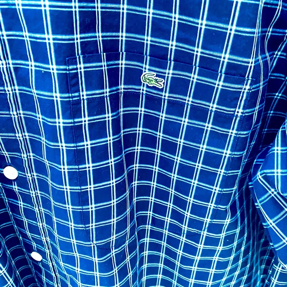 LACOSTE MENS LONG SLEEVE BUTTON DOWN SHIRT SZ45/XXL NAVY BLUE/WHITE SMALL CHECKS - Picture 5 of 10